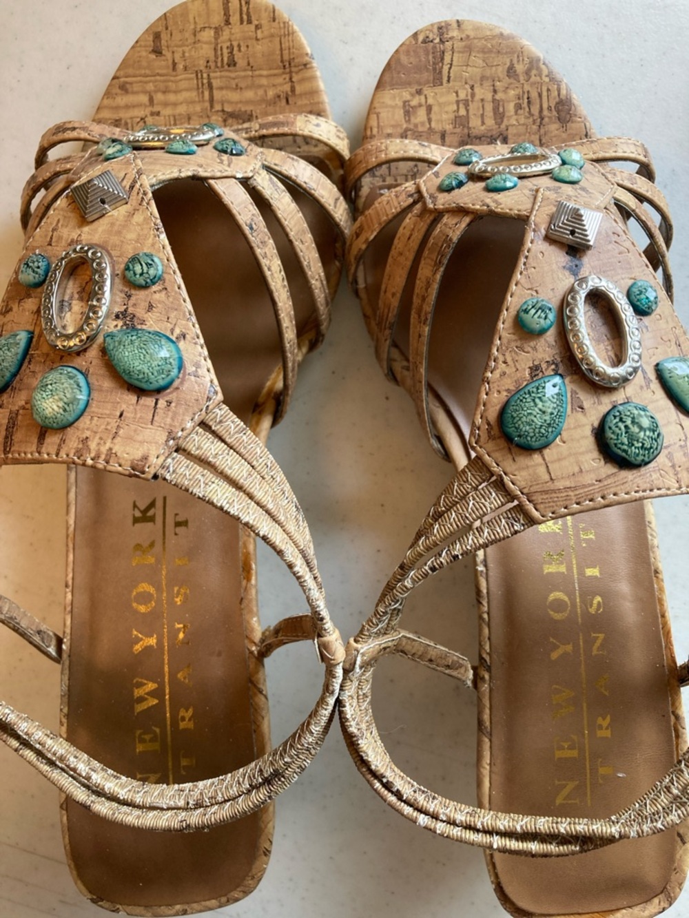 New York Transit Cork-Style Sandals with Faux Turquoise Stones - Picture 9 of 9